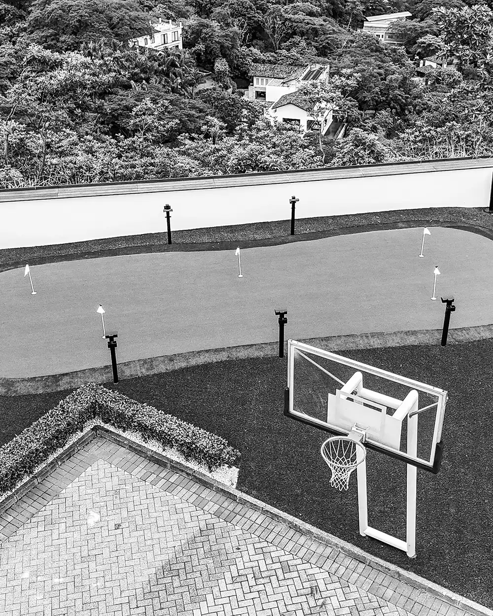 Backyard putting green with a basketball hoop beside a brick patio, seen from above